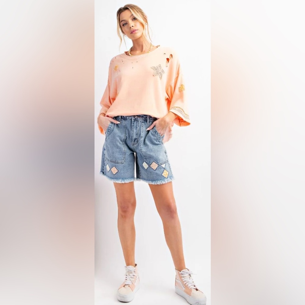Easel Diamond Patch Relaxed Denim Shorts size Large